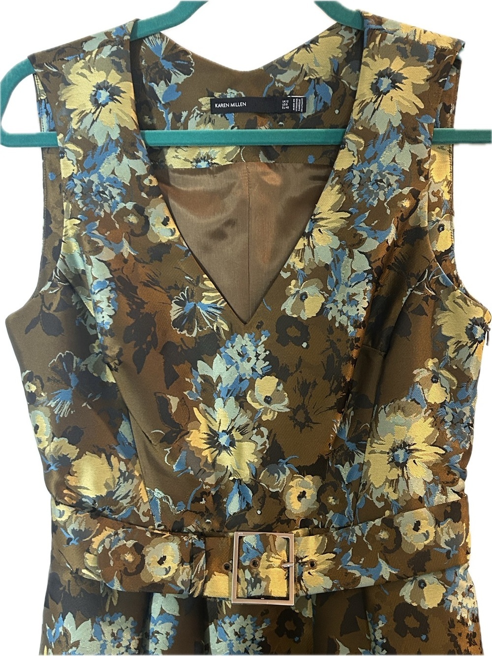Karen Millen Olive Green Floral Print Sleeveless Belted Dress Size 10 Retro - Picture 3 of 8
